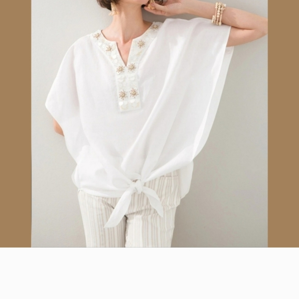 Chico's Linen Blend Boho Embellished Tie Front Top,sz 0.